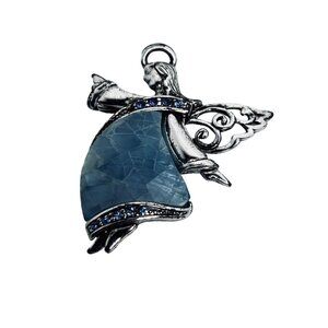 Liz Claiborne Blue Crackle Glass, Rhinestone & Silver Tone Angel Brooch (5391)